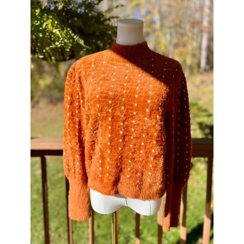 Ann Taylor Burnt Orange Fuzzy Eyelash Knit Polka Dot Mock Neck Sweater L